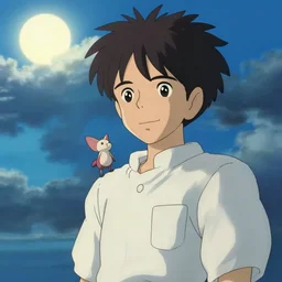 Guy with slight smile and small creature, dramatic sky behind, blue tones, sun at top left made by Studio Ghibli + Makoto Shinkai,  highly detailed art, beautiful scene, sharp focus, smooth, artgerm