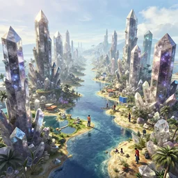 highly detailed vanishing - point of a gleaming archipelago made of quartz in gta v, stephen bliss, unreal engine, fantasy art by greg rutkowski, loish, rhads, ferdinand knab, makoto shinkai and lois van baarle, ilya kuvshinov, rossdraws, tom bagshaw, global illumination, radiant light, detailed and intricate environment