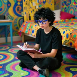 klimt style teenage black short shaggy hair and big blue frame glasses girl, dressed in black, sitting  over a colorful and bright trippy victor moscoso floor . lsd colorful bedroom, diary on her hand
