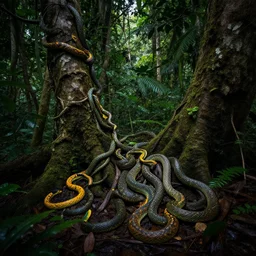 thick jungle with brightly colored snakes everywhere. very dark