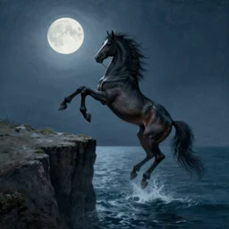 a demon horse falls off a cliff and into the ocean under the moonlight, beksinski, dariusz zawadzki, surreal, ethereal