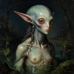 a close - up rococo portrait of an iridescent alien elf - like creature with futuristic features standing in water, moss, and swamp. night time. rich colors, high contast. gloomy, highly detailed 1 8 th century sci - fi fantasy masterpiece painting by jean - honore fragonard, moebius, and johfra bosschart. artstation