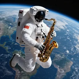 astronaut doing jazz saxophone improvisation, earth, 4k photography, space