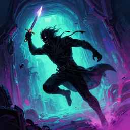 a true hero on the run from a drainer sentinel, sinking into madness, wrapped in black, clutching a hopespark-dagger in the drifting void hallways. Fantasy Tron sci-fi illustration, vibrant neon digital painting, by Edvard Junjiito Picasso and Gustave Dore and Carl Critchlow