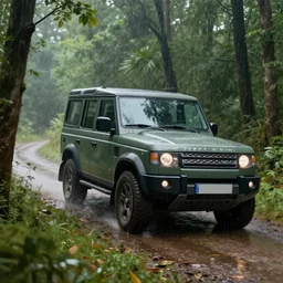 a landrover crossing a forest path while its raining, digital art, artstation, photgraphy, highly detailed, digital painting, artstation, concept art, sharp focus, illustration, art by greg rutkowski and artgerm
