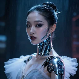 facial portrait of a korean bionic ballerina with dark makeup and aritifical skin with leds, dark cyberpunk background, lens flare, rain, deep focus, d & d, intricate, elegant, highly detailed, photo, artstation, blade runner, 8 k, sharp focus, octane, unreal engine 5, global illumination, radiant light