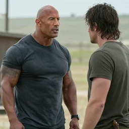film still of dwayne the rock johnson as rick grimes talking to carl grimes in the new walking dead tv series, 4 k