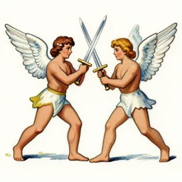 matchbox vintage illustration of two angels sword fighting