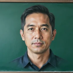 stunning teacher at blackboard portrait. realistic, symmetrical face. art by tony sandoval