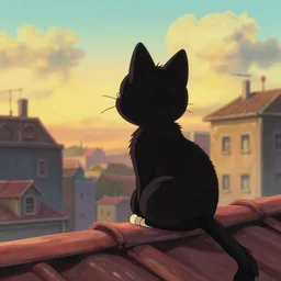 a wholesome animation key shot of a black cat looing at the buildings and seated on top of a roof with tiles, medium shot, studio ghibli, pixar and disney animation, sharp, rendered in unreal engine 5, anime key art by greg rutkowski, bloom, dramatic lighting, golden hour, very warm colors