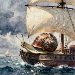 a viking snail, on a ship at sea. watercolor painting
