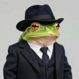 A photo of a frog with a hat, he is dressed in a suit, he looks very sophisticated