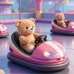 teddy bears riding bumper cars in a theme park, synthwave, digital art