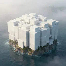an island made of giant white cubes with, concept art, trending on artstation, by greg rutkowski, cinematic, morning fog, surrounded by water, ray tracing, unreal engine