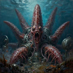 oil painting of disgusting deep sea dentrivores clawing at 6 0 s machinery for creepy horror book cover by kelly freas, cinematic