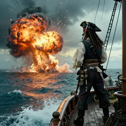 a pirate standing on his ship, watching big explosions on the wild sea, dramatic atmosphere