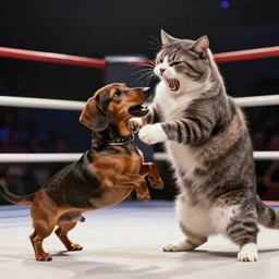 photo dachshund bites maine coon epic battle angry aggressive boxing ring