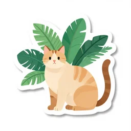 cat and tropical plant illustration sticker, one sticker with white background, trending on instagram, sigma 8 5 mm f / 1. 4