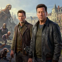 fallout 5, jim carrey and adam sandler, portrait, outdoors european cityscape, atmospheric lighting, painted, intricate, volumetric lighting, beautiful, daytime, winter, clear weather, mutated wildlife, sharp focus, deep colours, ultra detailed, art by william turner