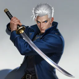 a highly detailed illustration of young short slick back white haired man wearing dark blue coat, bright blue eyes, dramatic wielding katana pose, intricate, elegant, highly detailed, centered, digital painting, artstation, concept art, smooth, sharp focus, league of legends concept art, wlop