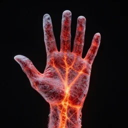 hand of red and orange ice with glowing veins, black background,