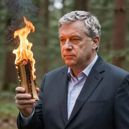 viktor orban in a forest, holding a burning wood piece,, detailed face, by skovgaard