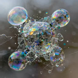 irregular fractals of reflective colored bubbles, segmented broken glass shards, motion blur, distortion