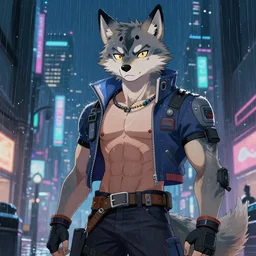 character portrait of a male muscular anthro wolf fursona with a tail and a cute beautiful attractive detailed furry face wearing stylish cyberpunk clothes in a cyberpunk city at night while it rains. hidari, color page, tankoban, 4K, tone mapping, Akihiko Yoshida. Nomax, Kenket, Rukis, Falvie.