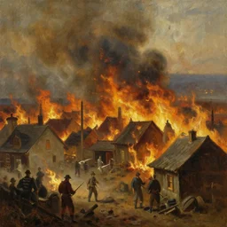 a 1700s town on fire oil painting
