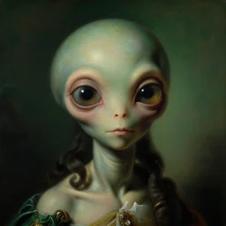 a close - up rococo portrait of an alien creature with big eyes, 1 8 th century painting by jean - honore fragonard. front on view. gloomy green environment, blurry organic background