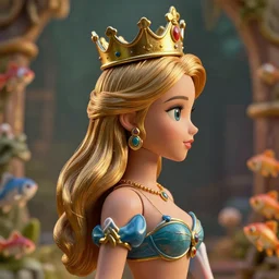 highly detailed closeup, profile portrait of a tin toy fairytale princess wearing a crown, bikini, unreal engine, nicoletta ceccoli, mark ryden, earl norem, lostfish, global illumination, detailed and intricate environment