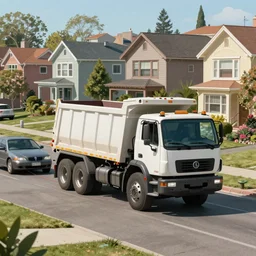 a single dump truck connected to a car by a rope behind it on a populated suburban street with beautiful homes in the background, 4 k, trending on artstation, award - winning, art by greg rutkowski and james gurney