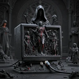 cinema 4 d highlights render, cult, computer black mass, crt sacrifice, blood souls, coded humanoid, spirits and souls, hooded robbed dark ceremony, ethernet cable, black mass, extremely detailed, insanely detailed and intricate, high detail, ordo templi orientis background, depth field, unreal engine, deep focus, movie still, dramatic lighting, by michal karcz and yoshitaka amano, 4 k concept art and hyper realism