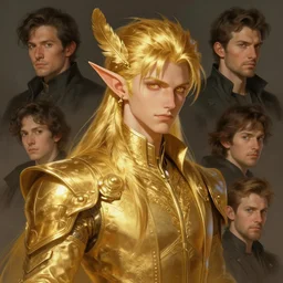 character concept portrait, gold feather male elf, style digital painting, concept art, smooth, sharp focus, illustration, from metal gear, by ruan jia and mandy jurgens and william - adolphe bouguereau, artgerm