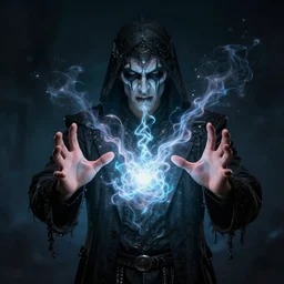 Chaos magician wearing a suite generating an ethereal construct using the palm of his hands