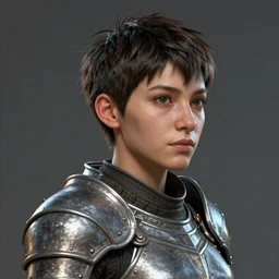 hyper detailed 3 d full body turnaround character portrait of a woman with a pixie cut and armor, realistically proportioned face, photorealistic eyes, cinematic lighting, good value control, smooth, realistic shading, realistic face details, highly detailed, digital painting, painted texture maps, illustration, substance painter, ultra realistic, very highly detailed, segmented armor