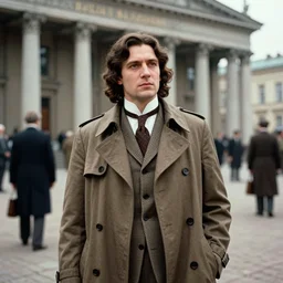 an image of a archduke visiting a national arts center in a medium full shot, vintage historical fantasy 1 9 3 0 s kodachrome slide russian and japanese mix, with fair skin, long, wavy dark brown hair, and light brown eyes. he is wearing a checked tailored suit and a belted tailored trench coat.