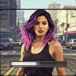 a stunning GTA V loading screen with a beautiful woman with ombre hairstyle in purple and pink blowing in the wind, city streets, golden ratio, digital art, trending on artstation
