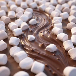 River of chocolate in a field of marshmallows, octane render, volumetric lighting, 4K