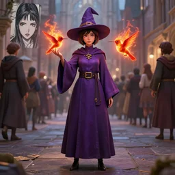 short woman in prudish purple wizards apprentice robes with pointy hat at a crowded magical university, a flaming magical red flame hummingbird pet, full body shot unreal engine hyperreallistic render 8k character masterpiece digital art, cell shader shading, raytracing, comic art, manga, trending on Artstation, CGSociety