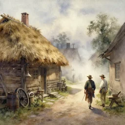 watercolor painting of rustic village street, straw roof, scandinavian mythology, ambient lighting and shadows, fog, wheel, barrel, art by hans dahl, by jesper ejsing, art by anders zorn, wonderful masterpiece by greg rutkowski, cinematic light, american romanticism by greg manchess, creation by tyler edlin
