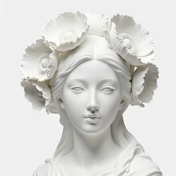 full head and shoulders, beautiful female porcelain sculpture by daniel arsham and raoul marks, smooth, all white features on a white background, delicate facial features, white glass eyes, white lashes, detailed white 3 d giant poppies on the head