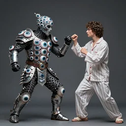 A man wearing an armor made entirely out of eyes dueling a man in pyjamas, Fantasy horror