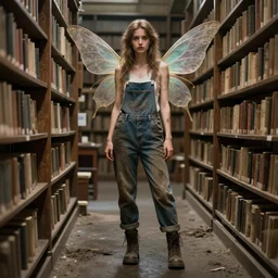 full body pose, beautiful adult book fairy, dirty, grungy, grunge, library, overalls, highly detailed, 4 k, hdr, smooth, sharp focus, high resolution, award - winning photo, artgerm, photorealistic
