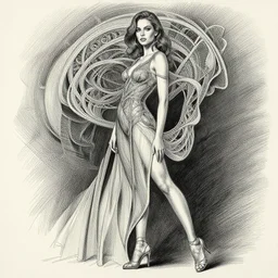elegant, intricate detail, looking towards camera, tiffany dover, full body profile, dynamic wide angle lens, by rey bustos pencil and ink, dramatic lighting,