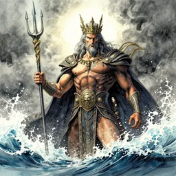 Poseidon, the king of sea, with crown and trident rising from the ocean, watercolor, dramatic lighting, cinematic, establishing shot, extremly high detail, foto realistic, cinematic lighting, pen and ink, intricate line drawings, by Yoshitaka Amano, Ruan Jia, Kentaro Miura, Artgerm, post processed, artstation, matte painting, style by eddie mendoza, raphael lacoste, alex ross