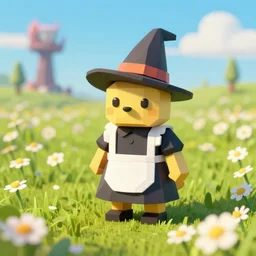lowpoly ps 1 playstation 1 9 9 9 anthropomorphic lurantis maid standing in a field of daisies wearing witch hat, mount doom in the distance digital illustration by ruan jia on artstation