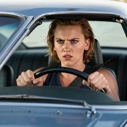 angry scarlett johansson driving 1 9 6 7 ford mustang, dramatic lighting hyper detail, black and white, wide angle lens