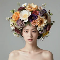 beautiful woman with a head made from a bouquet of flowers by victo ngai