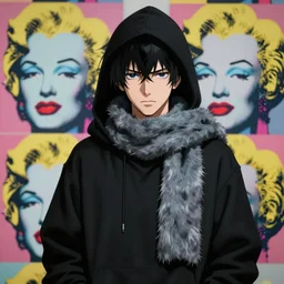 rimuru tempest, that time i got reincarnated as a slime, super detailed, professional digital painting, concept art, extreme illustration, unreal engine 5, photorealism, hd quality, 8 k, black hoodie, fur scarf, cinematic, art by andy warhol, yoshitaka amano